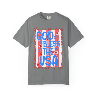 God Bless The USA T-Shirt — Patriotic Stars & Script Tee for 4th of July