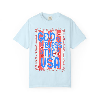 God Bless The USA T-Shirt — Patriotic Stars & Script Tee for 4th of July
