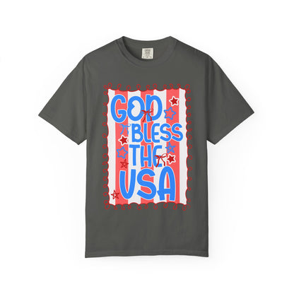 God Bless The USA T-Shirt — Patriotic Stars & Script Tee for 4th of July