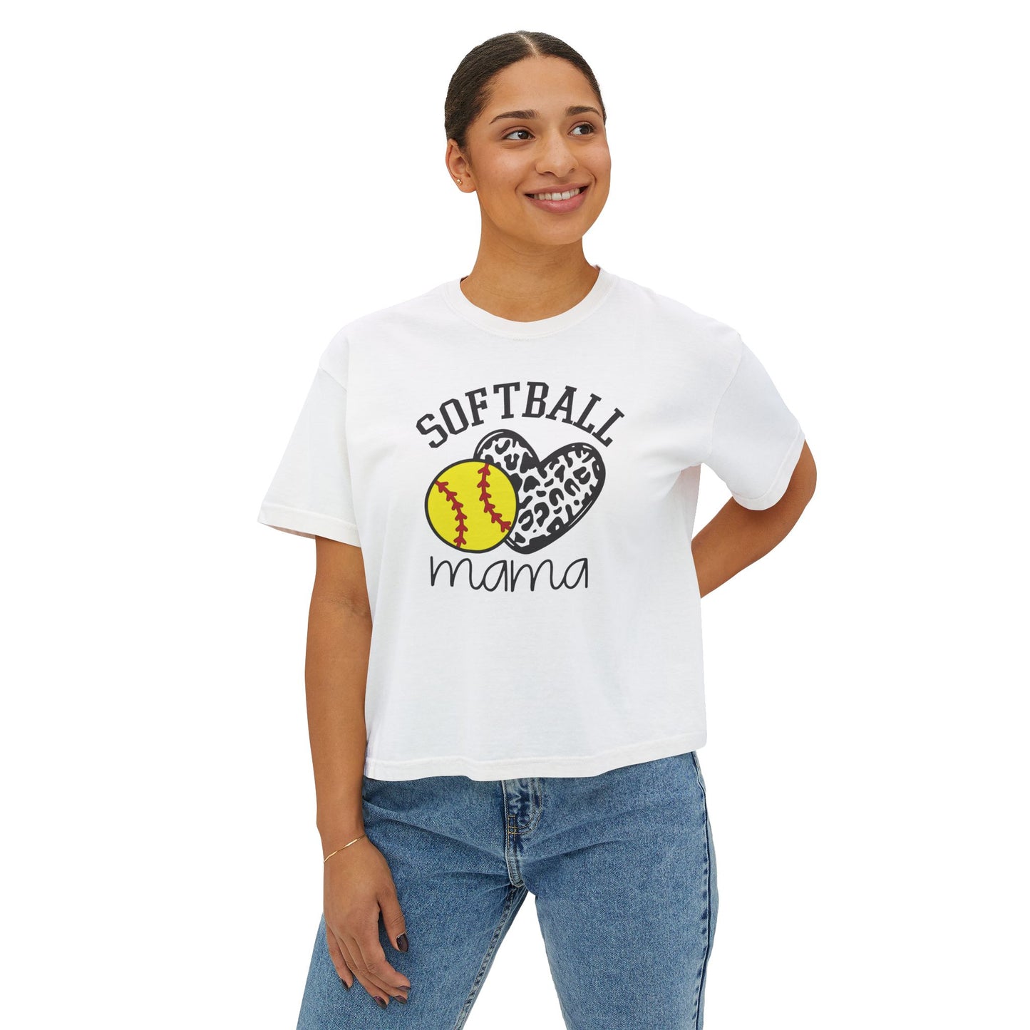 Softball Mama Boxy Tee — Leopard Heart Softball Mom Shirt