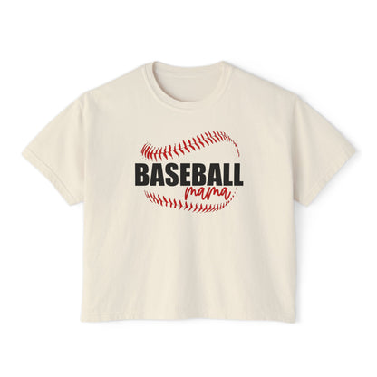 Baseball Mama Boxy Tee — Soft cropped baseball stitch design