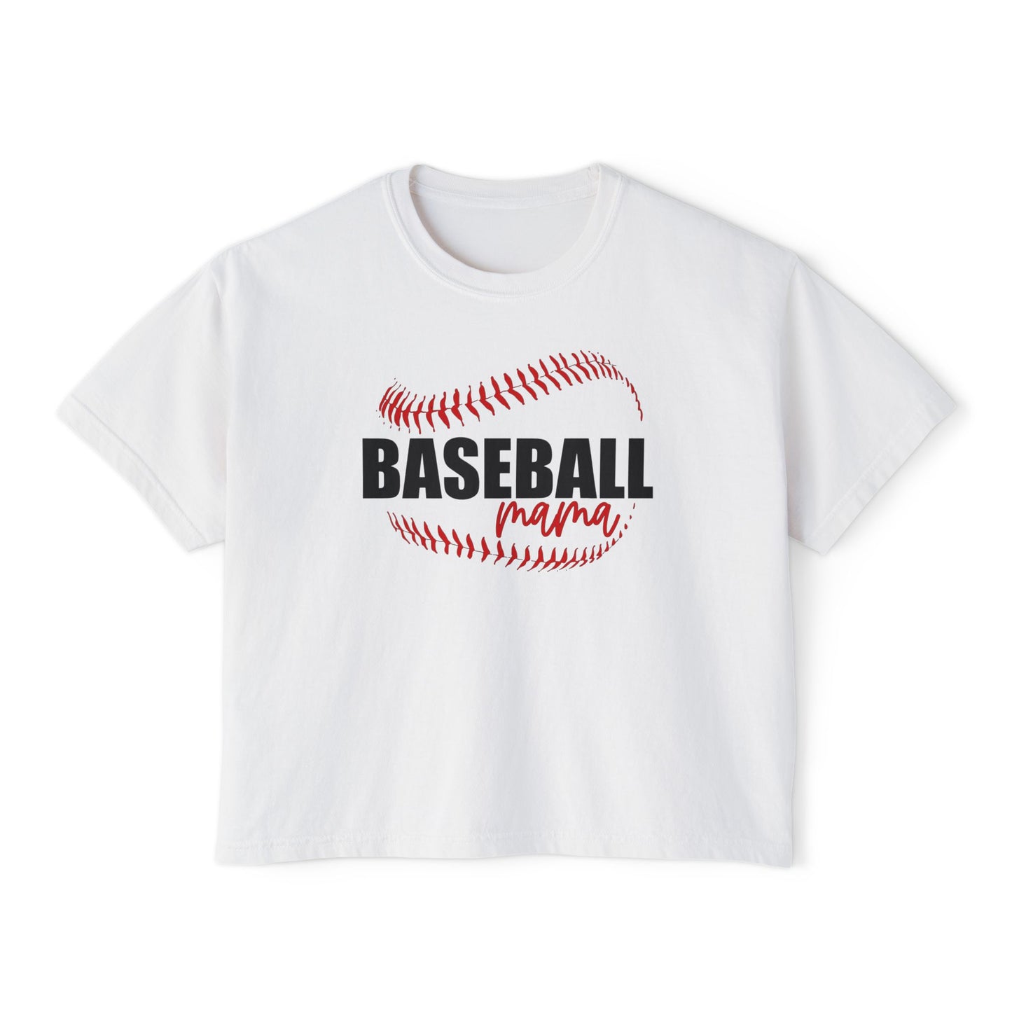 Baseball Mama Boxy Tee — Soft cropped baseball stitch design