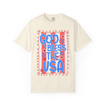 God Bless The USA T-Shirt — Patriotic Stars & Script Tee for 4th of July