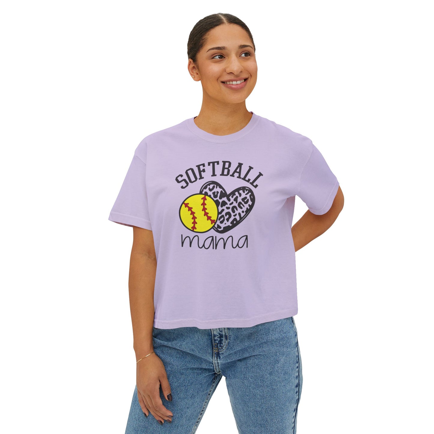 Softball Mama Boxy Tee — Leopard Heart Softball Mom Shirt