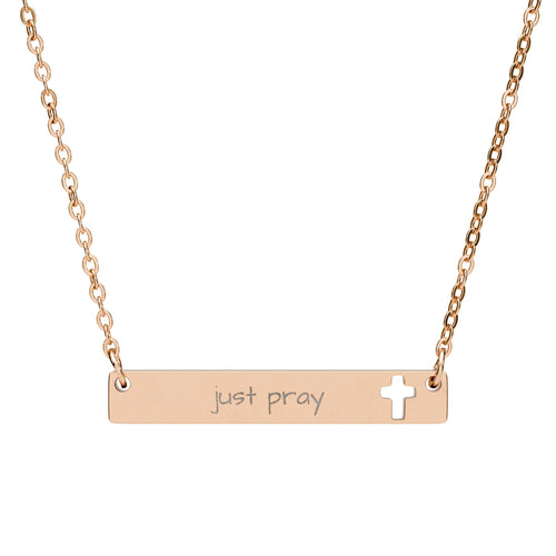 Cutout Cross Bar Necklace — "Just Pray"
