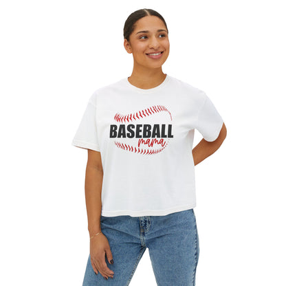 Baseball Mama Boxy Tee — Soft cropped baseball stitch design