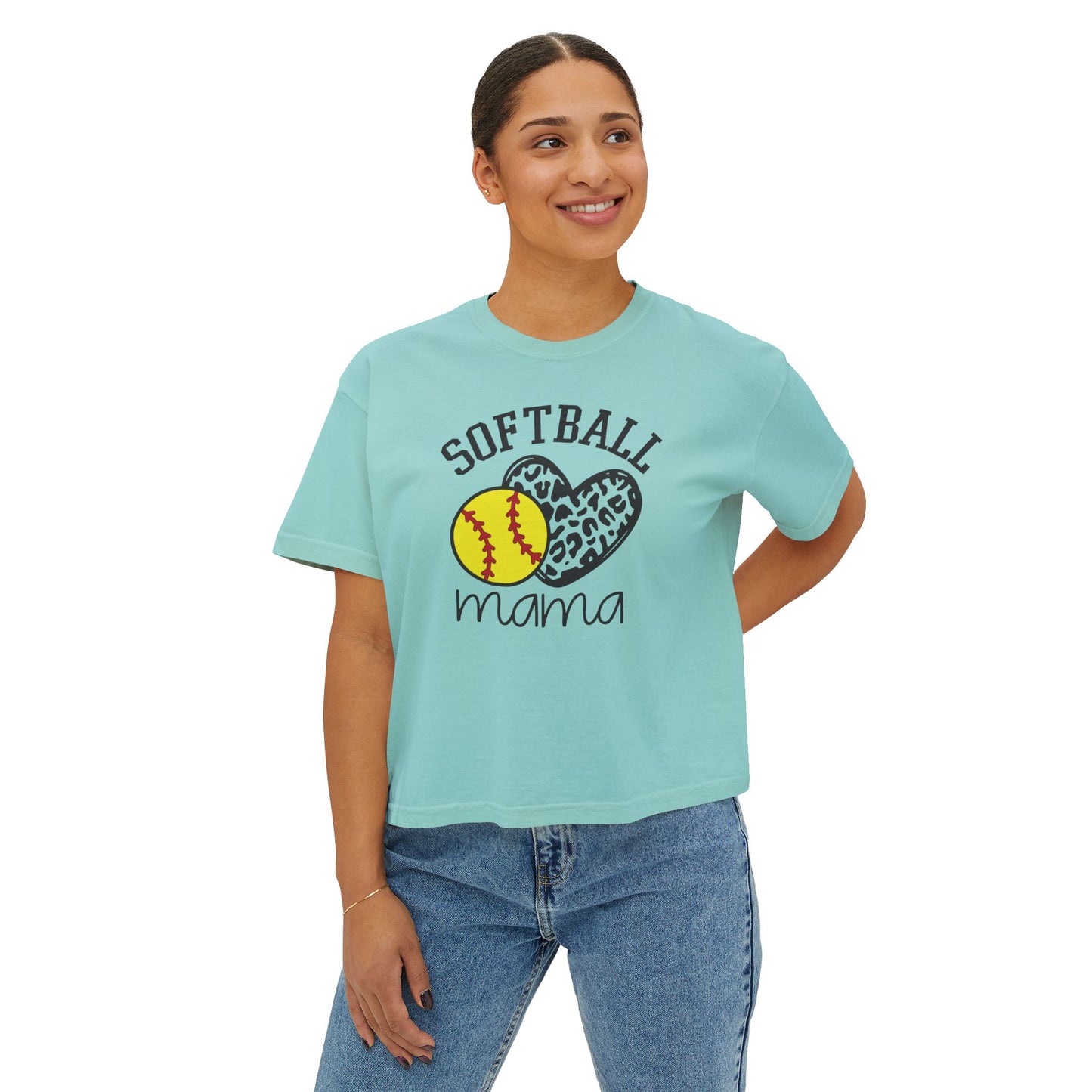 Softball Mama Boxy Tee — Leopard Heart Softball Mom Shirt