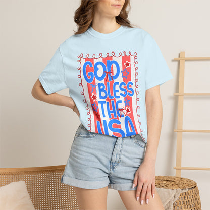 God Bless The USA T-Shirt — Patriotic Stars & Script Tee for 4th of July
