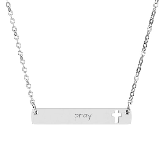 Cutout Cross Bar Necklace — "Just Pray"