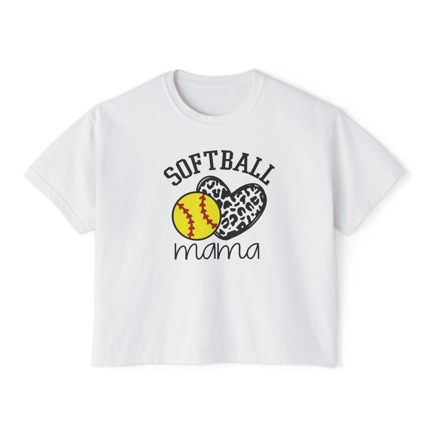 Softball Mama Boxy Tee — Leopard Heart Softball Mom Shirt