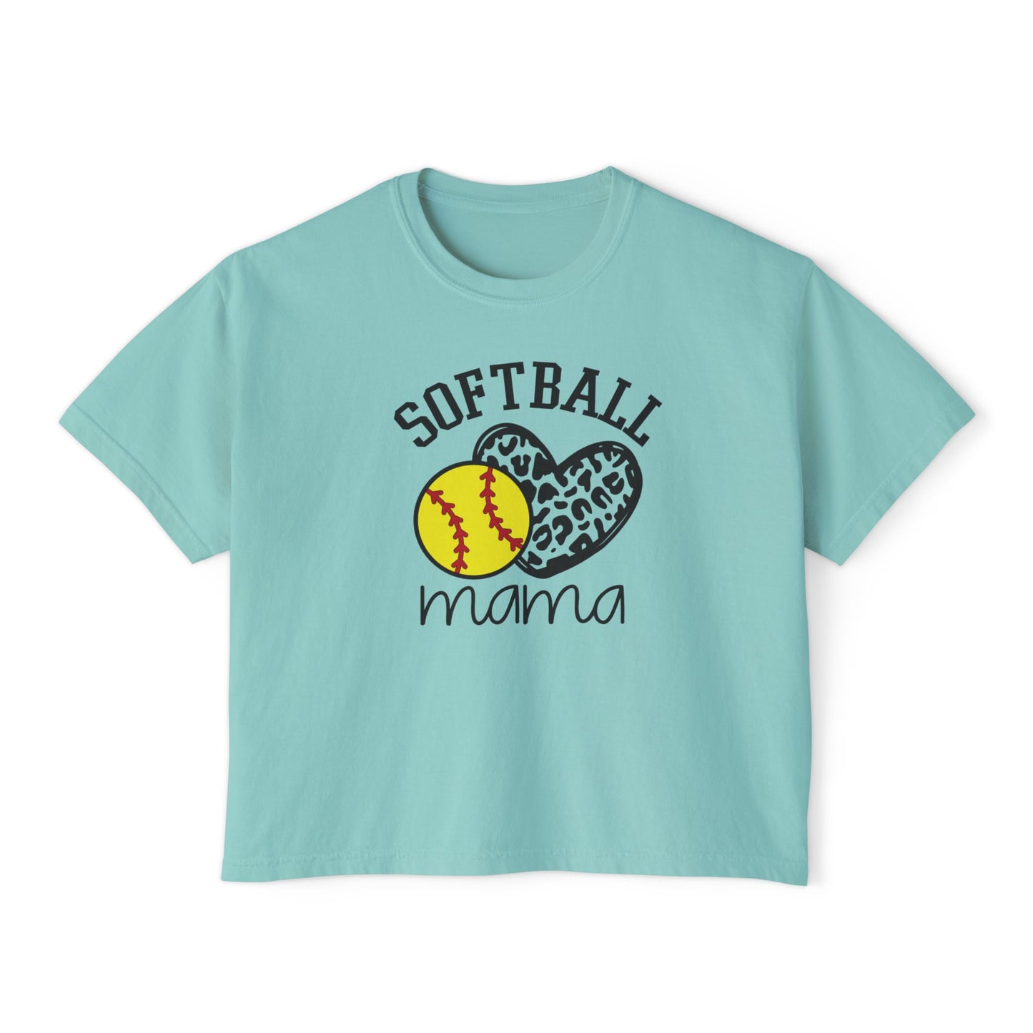 Softball Mama Boxy Tee — Leopard Heart Softball Mom Shirt