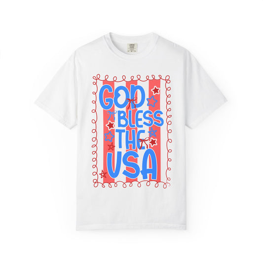 God Bless The USA T-Shirt — Patriotic Stars & Script Tee for 4th of July